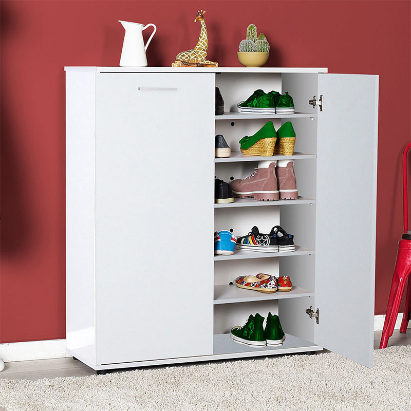 White shoe rack RANDY with double doors and six shelves, designed to hold up to 20 pairs of shoes, ideal for home or business use.